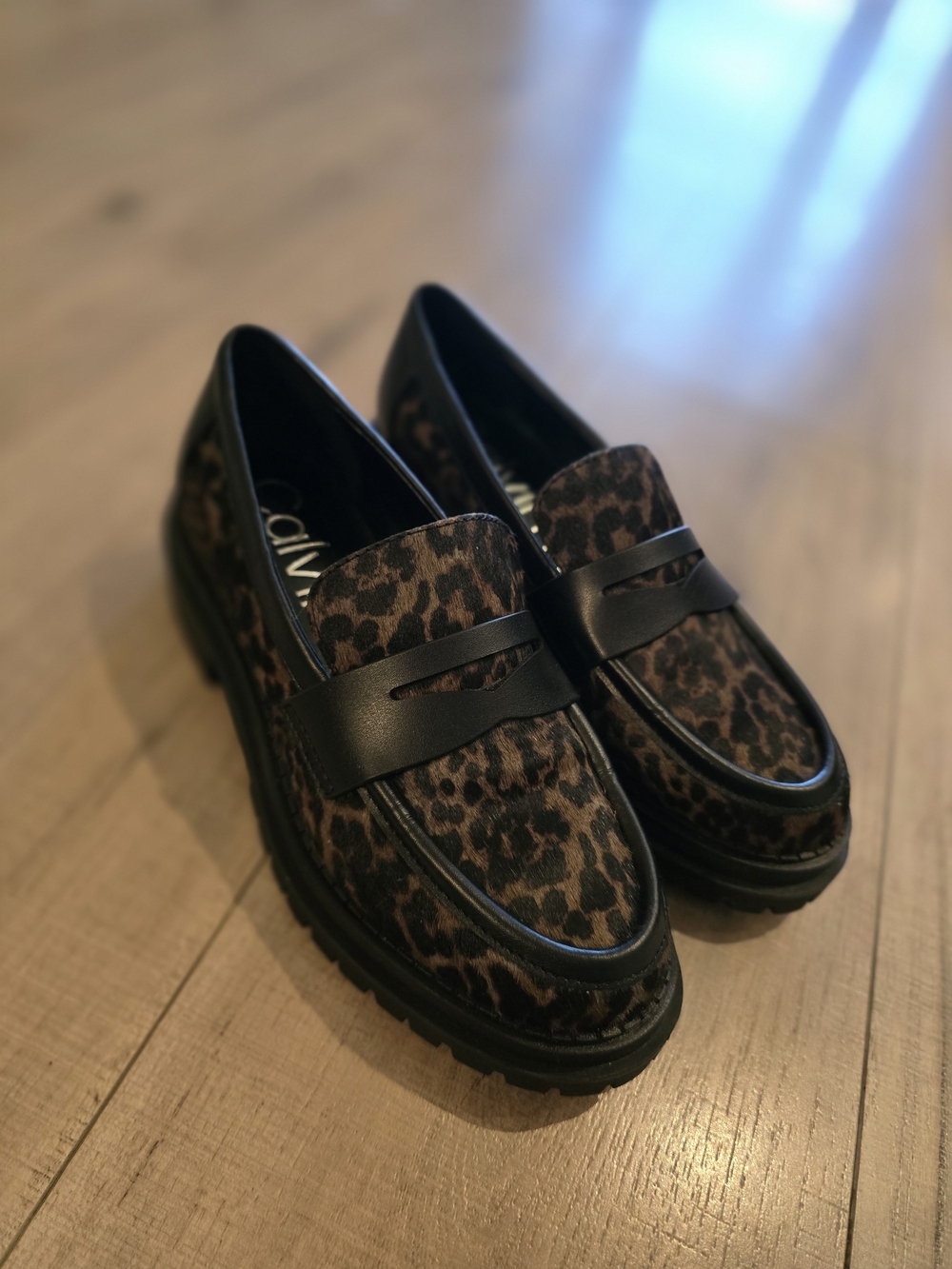 Calvin Klein Leopard Print Penny Loafers in Brown and Black